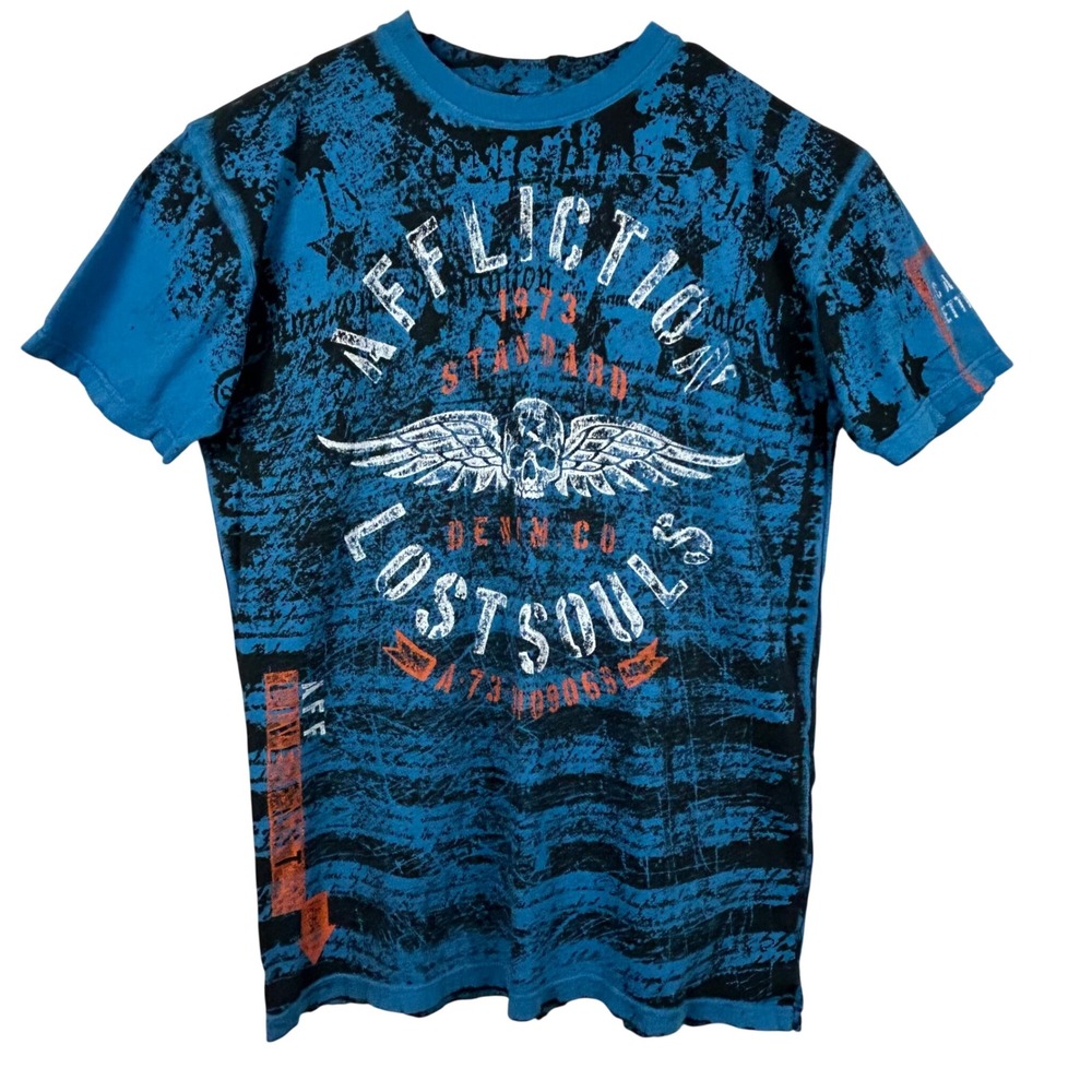Affliction Mens XL‎ Blue Black Lost Souls Vintage Y2K USA Graphic T Shirt Tee